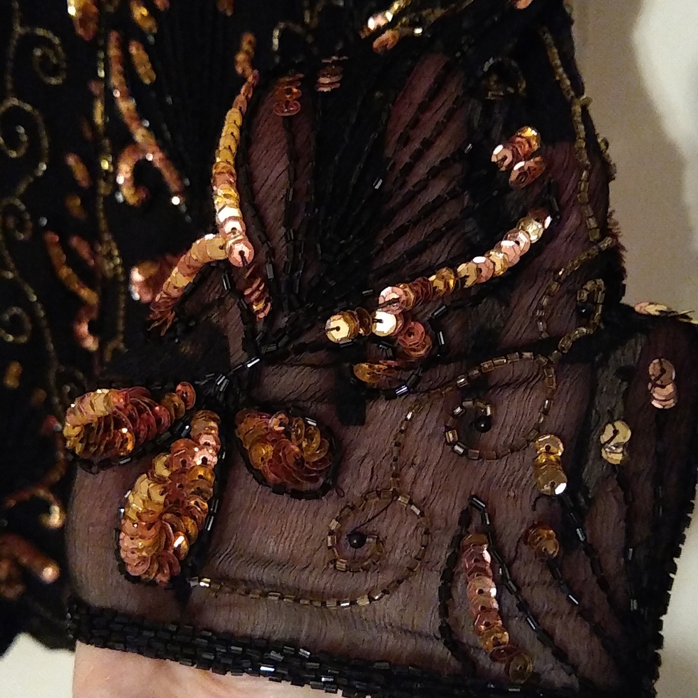 Black Gold bronze sequins silk fancy blouse Long Sleeve Party XL - Picture 5 of 6